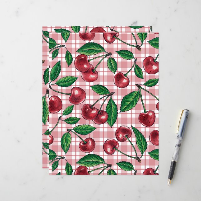 Rode kersen op roze gingham (Voorkant / Achterkant in situ)