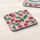 Rode kersen op roze gingham bier onderzetter (Linkerzijde)