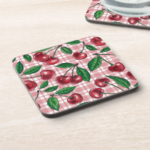 Rode kersen op roze gingham bier onderzetter