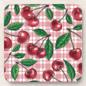 Rode kersen op roze gingham bier onderzetter (Voorkant)