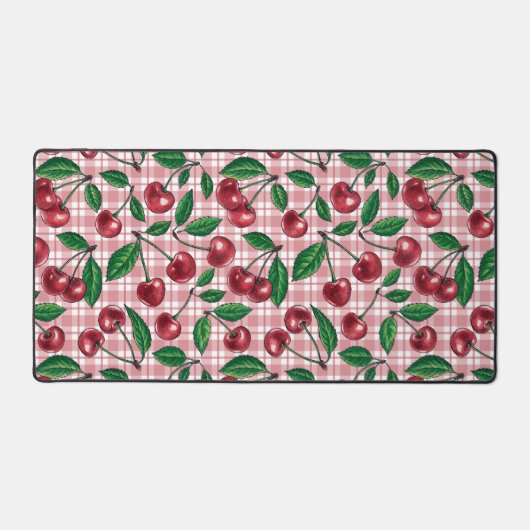 Rode kersen op roze gingham bureaumat (Voorkant)