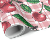 Rode kersen op roze gingham cadeaupapier (Rol Hoek)