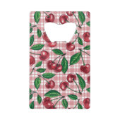 Rode kersen op roze gingham creditkaart flessenopener (Achterkant)