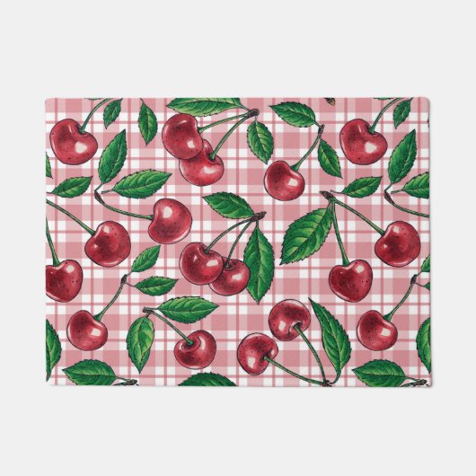 Rode kersen op roze gingham deurmat (Voorkant)