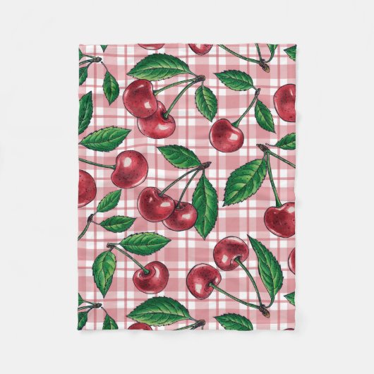 Rode kersen op roze gingham fleece deken (Voorkant)