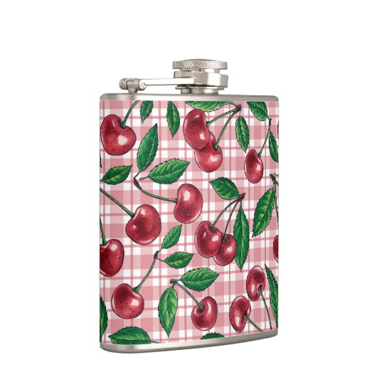 Rode kersen op roze gingham heupfles (Rechts)