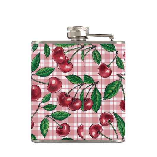 Rode kersen op roze gingham heupfles (Achterkant)