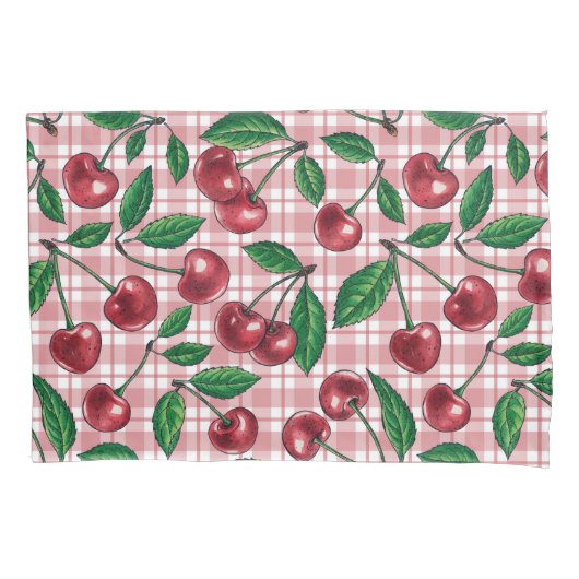 Rode kersen op roze gingham kussensloop (Voorkant-Links)