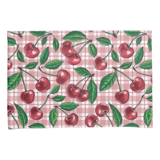 Rode kersen op roze gingham kussensloop (Voorkant-Rechts)