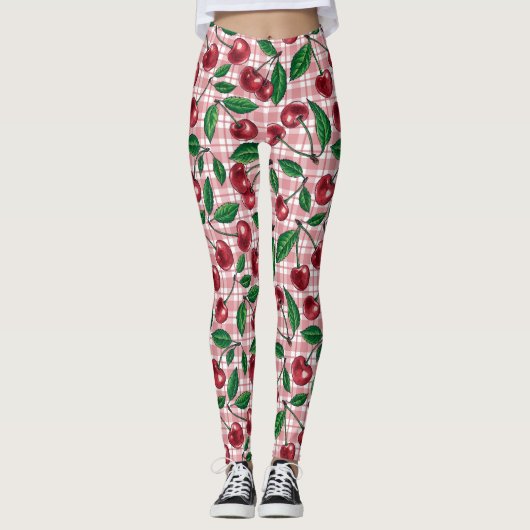Rode kersen op roze gingham leggings (Voorkant)