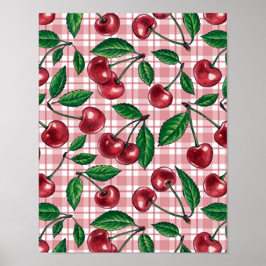 Rode kersen op roze gingham poster (Voorkant)