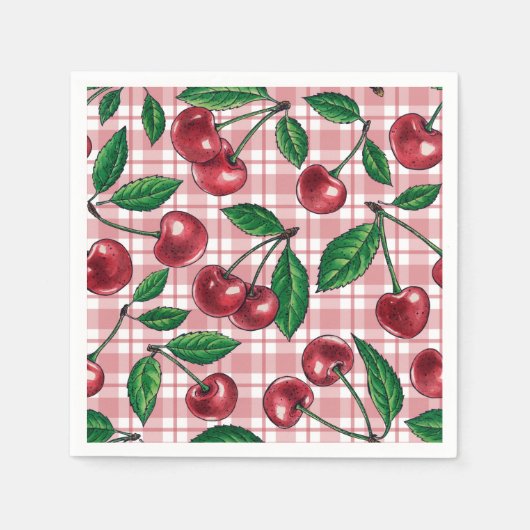 Rode kersen op roze gingham servet (Voorkant)