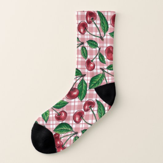 Rode kersen op roze gingham sokken (Links - buitenkant)