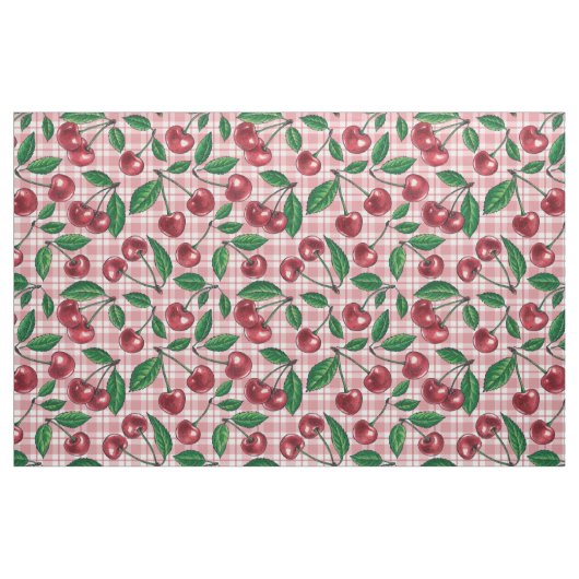 Rode kersen op roze gingham stof (Fat Quarter)