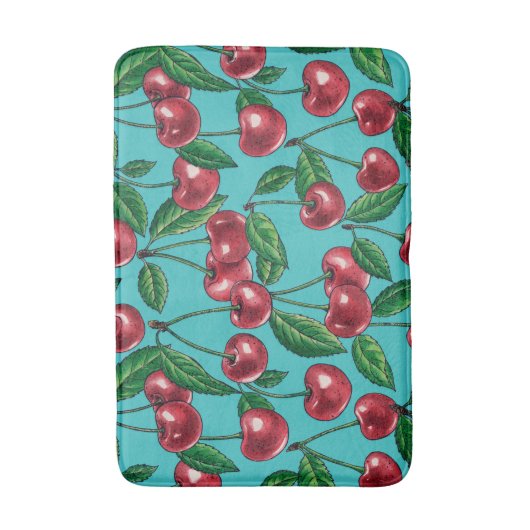 Rode kersen op turquoise badmat (Voorkant Verticaal)