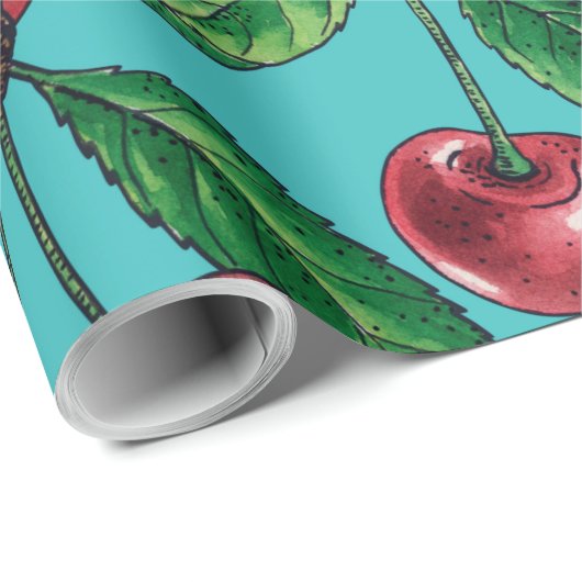 Rode kersen op turquoise cadeaupapier (Rol Hoek)