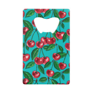 Rode kersen op turquoise creditkaart flessenopener