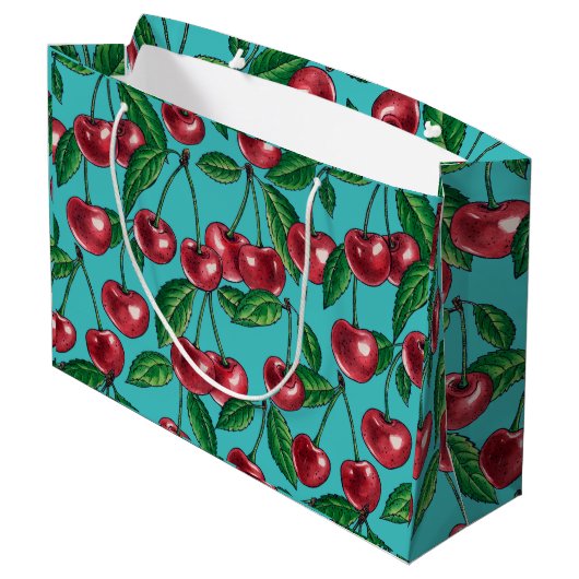 Rode kersen op turquoise groot cadeauzakje (Achterkant Gekanteld)
