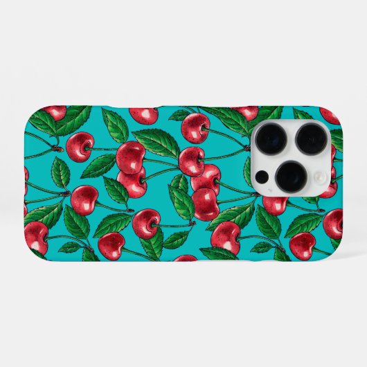 Rode kersen op turquoise iPhone hoesje (Achterkant horizontaal)