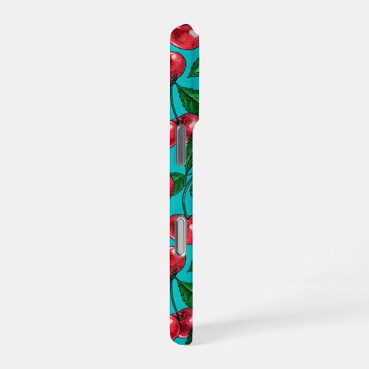 Rode kersen op turquoise iPhone hoesje (Rechterkant)