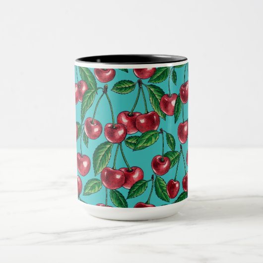 Rode kersen op turquoise mok (Midden)