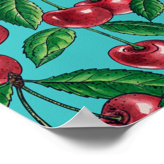 Rode kersen op turquoise poster (Hoek)