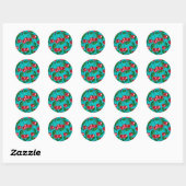 Rode kersen op turquoise ronde sticker (Vel)