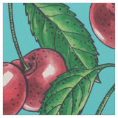 Rode kersen op turquoise stof (Close Up)