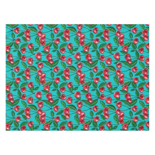 Rode kersen op turquoise tafelkleed (Voorkant (Horizontaal))
