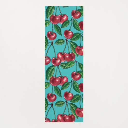 Rode kersen op turquoise yogamat (Achterkant)