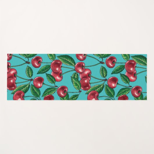 Rode kersen op turquoise yogamat (Voorkant (horizontaal))