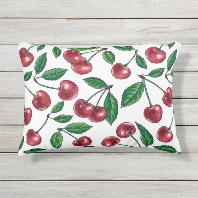 Rode kersen op wit buitenkussen (Voorkant)