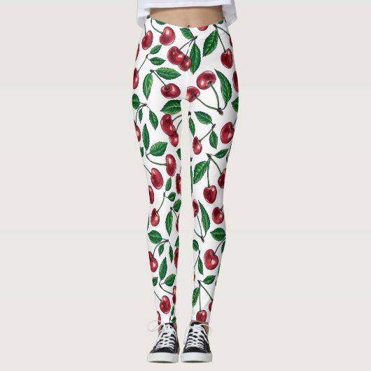Rode kersen op wit leggings (Voorkant)