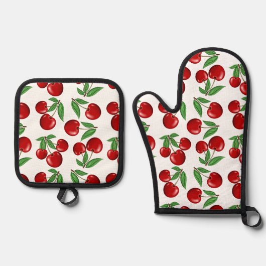 Rode kersen overal grafisch ovenwant & pannenlap set (Voorkant)