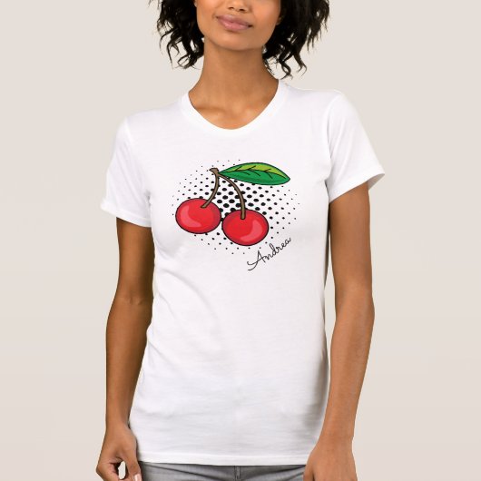 Rode kersen Retro Popart Halftoonfruit T-shirt (Voorkant)