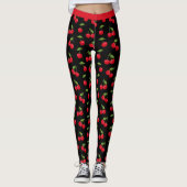 Rode Kersen Rood en Zwart Patroon Leggings (Voorkant)