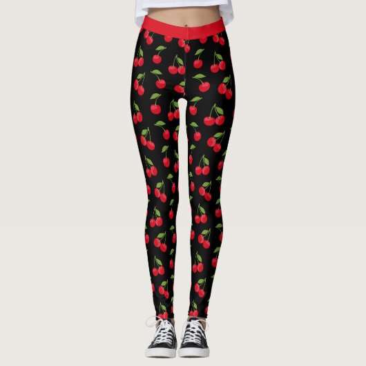 Rode Kersen Rood en Zwart Patroon Leggings (Voorkant)