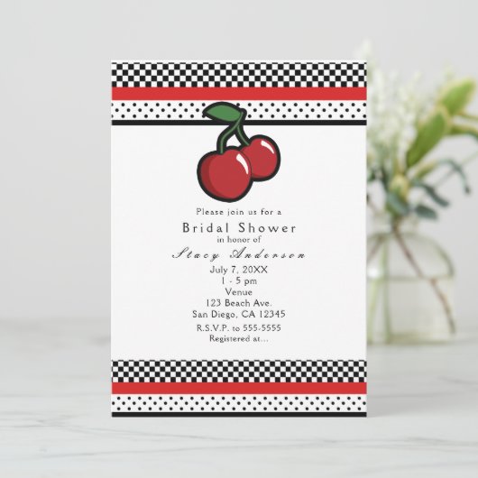Rode Kersen Zwart Wit & Rode Uitnodigingen (Staand voorkant)