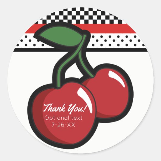 Rode Kersen Zwarte Aangepaste Retro Feest Favor Ronde Sticker (Voorkant)