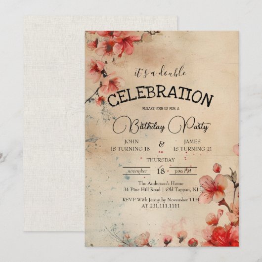 Rode Kersenbloei Beige Dubbele Verjaardagsfeest Kaart (Voorkant / Achterkant)