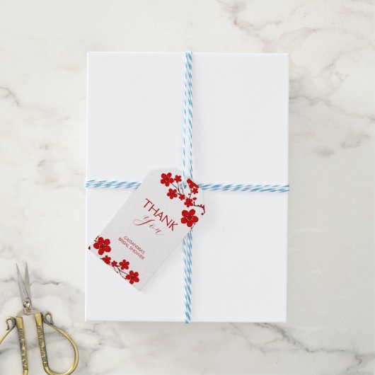 Rode Kersenbloesem Bloem Bruiloft Feest Cadeaulabel (Met Touw)
