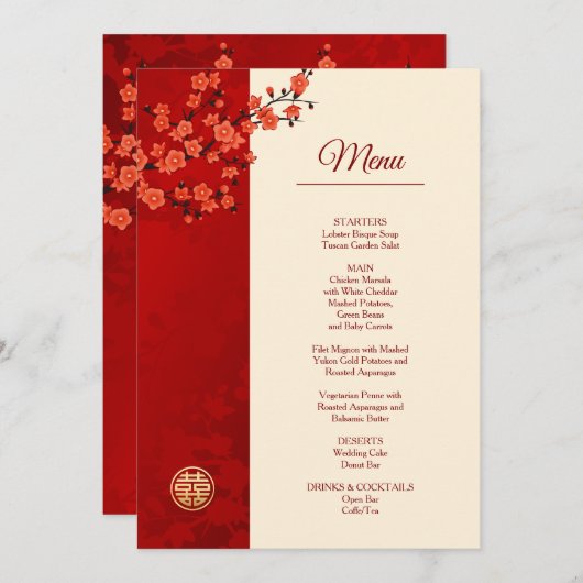 Rode Kersenbloesem Chinese bruiloft Menu (Voorkant / Achterkant)