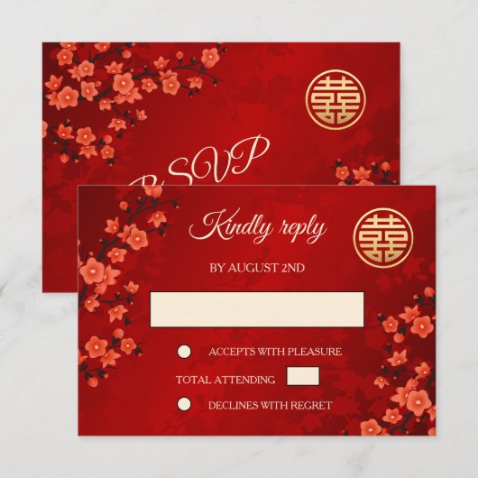 Rode Kersenbloesem Chinese bruiloft RSVP Kaartje (Voorkant / Achterkant)