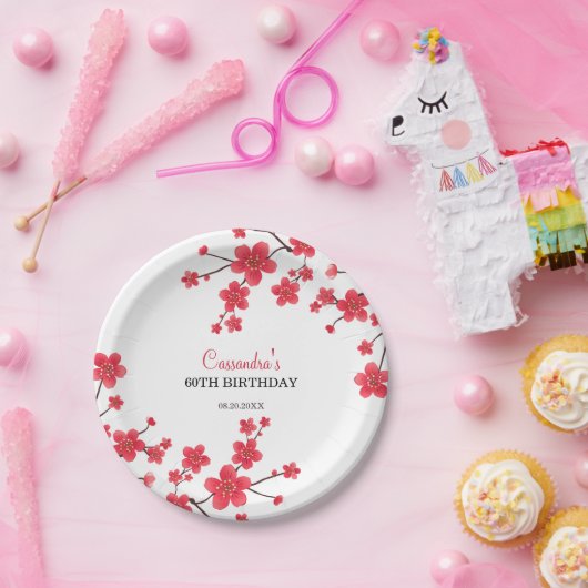 Rode Kersenbloesem Sakura rustieke bloemen verjaar Papieren Bordje (Feest)