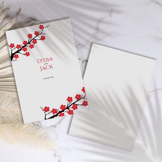Rode kersenbloesem thema bruiloft bedankkaart