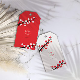 Rode kersenbloesem thema bruiloft cadeaulabel