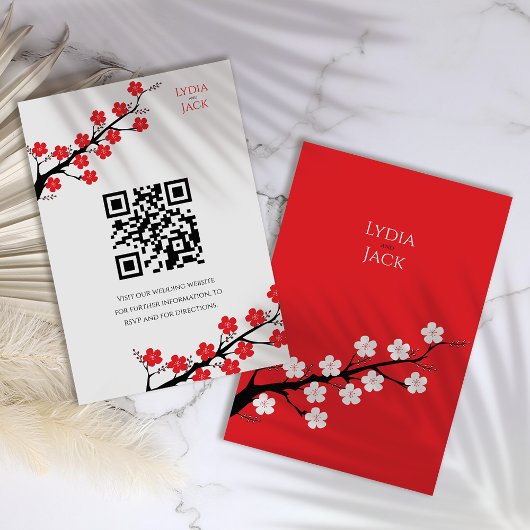 Rode kersenbloesem thema bruiloft informatiekaartje