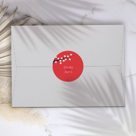 Rode kersenbloesem thema bruiloft ronde sticker