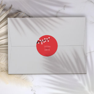 Rode kersenbloesem thema bruiloft ronde sticker