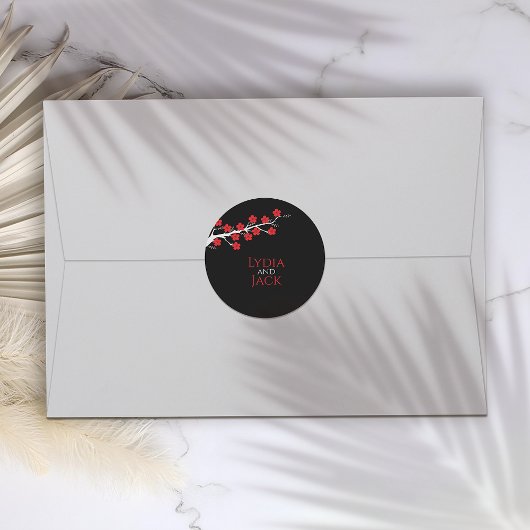 Rode kersenbloesem thema bruiloft ronde sticker